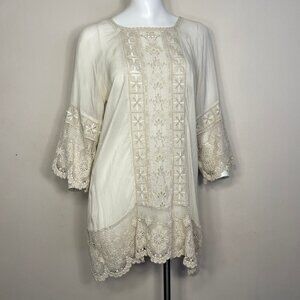 Johnny Was Tunic Top S Embroidered Lace Blouse Cupra Rayon Sheer Cream Ivory